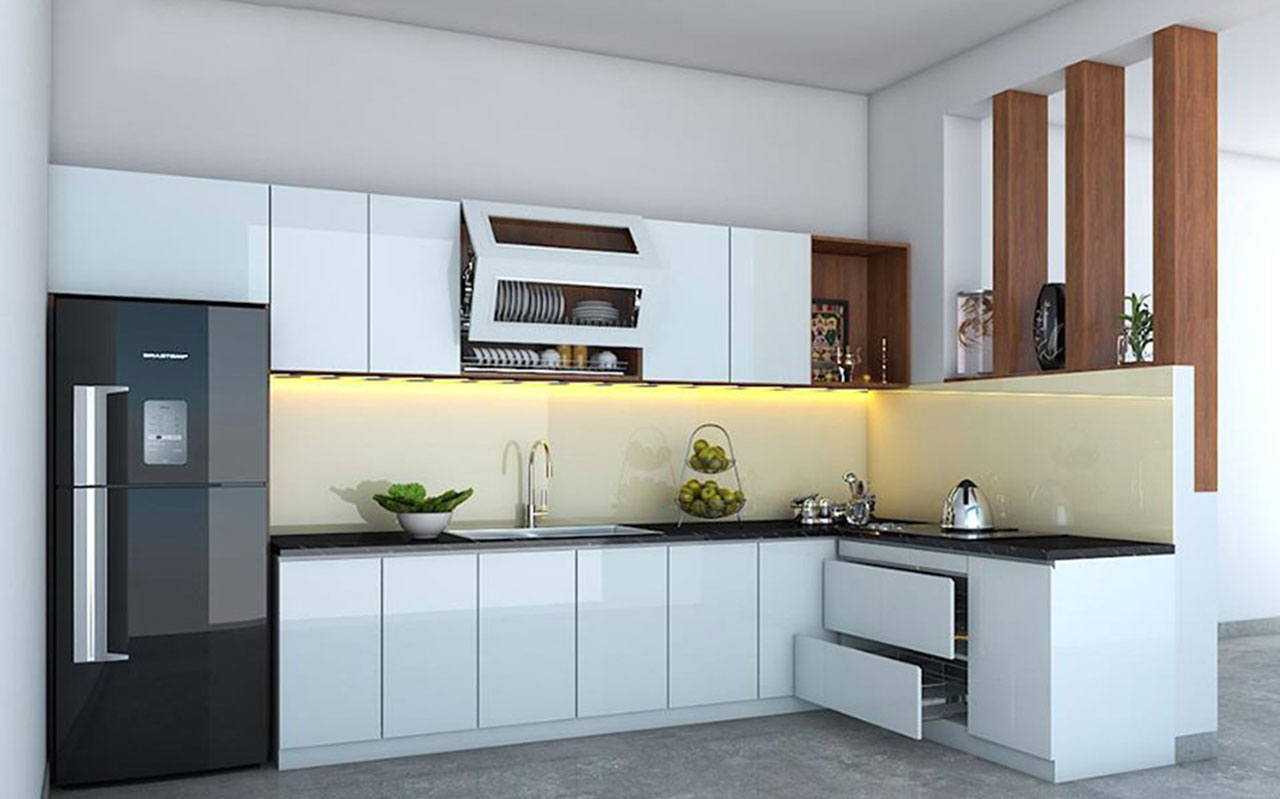 White L-shaped kitchen cabinet with glass top
